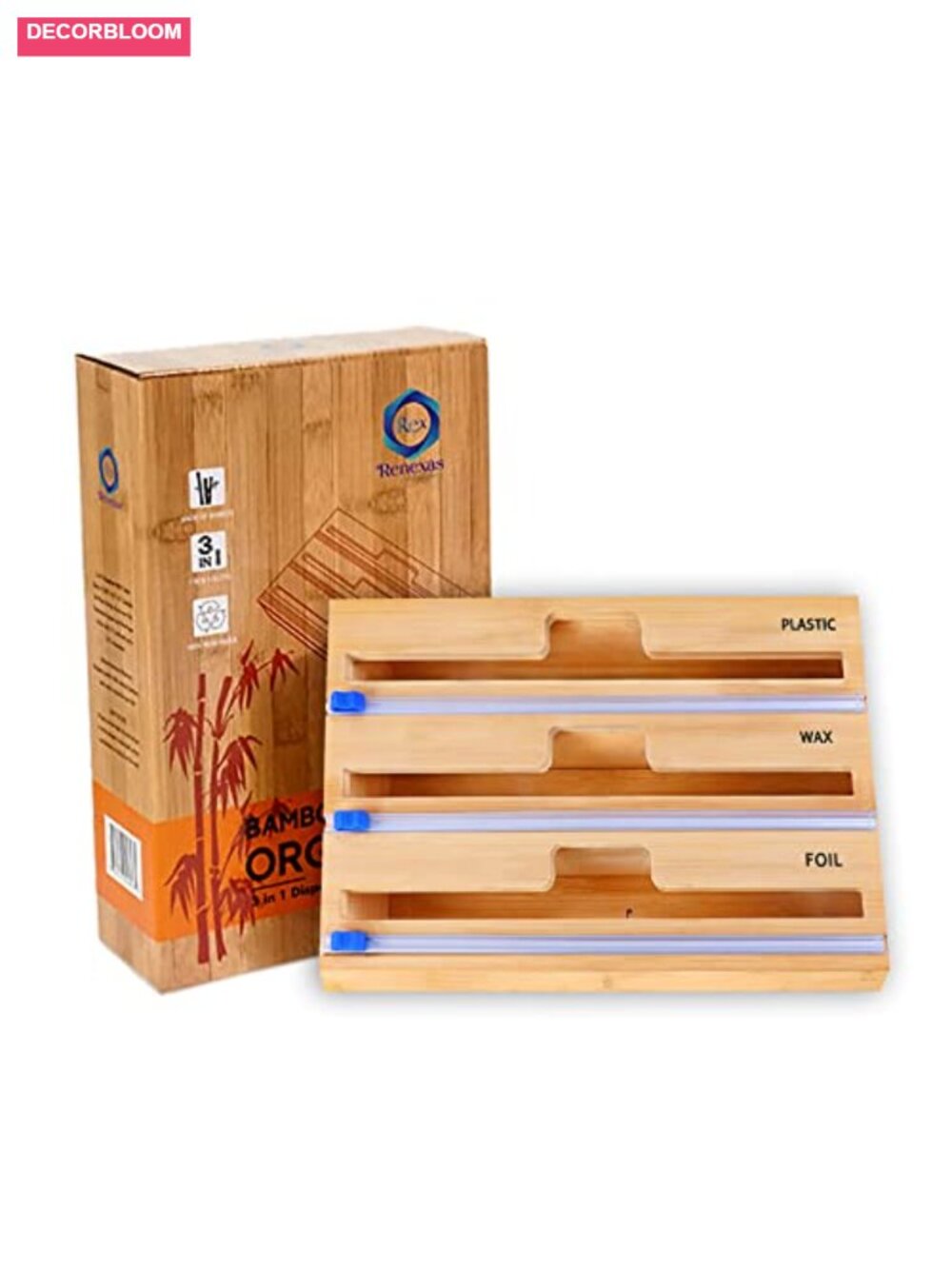 Bamboo Foil and Plastic Wrap Organizer 3-in-1 with Cutter and Labels